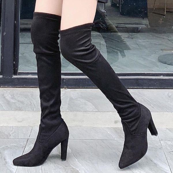 

jaycosin fashion thigh high boots for women suede leather high heels slip on shoes female over the knee boots plus size 35-43, Black