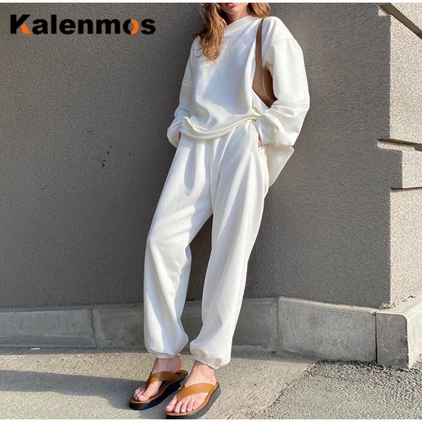 

sets women high street vintage solid color hoodies kalenmos tracksuit sweatshirt and jogging trousers women pants two pieces set, Gray