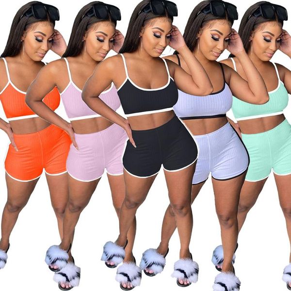 

women's tracksuits summer 2021 women movement style sets sleeveless condole belt elastic short pants pure color two piece, Gray