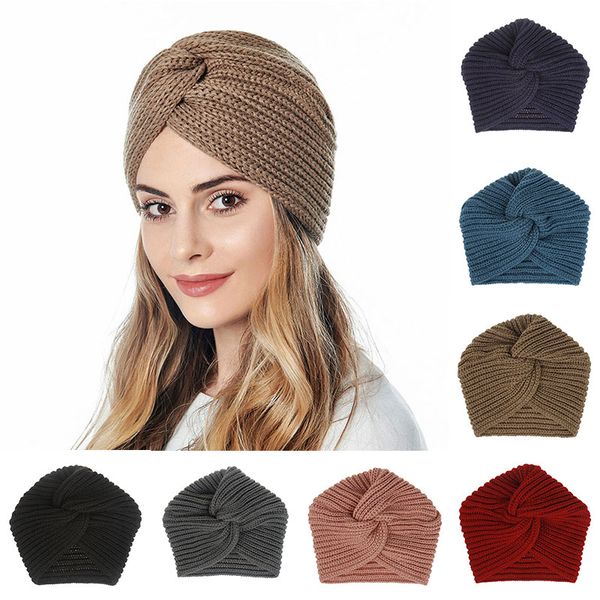 

boho style women knot bandanas fashion knitting warm muslim scarf 2020 autumn winter turban cap solid color cross headscarf, Blue;gray