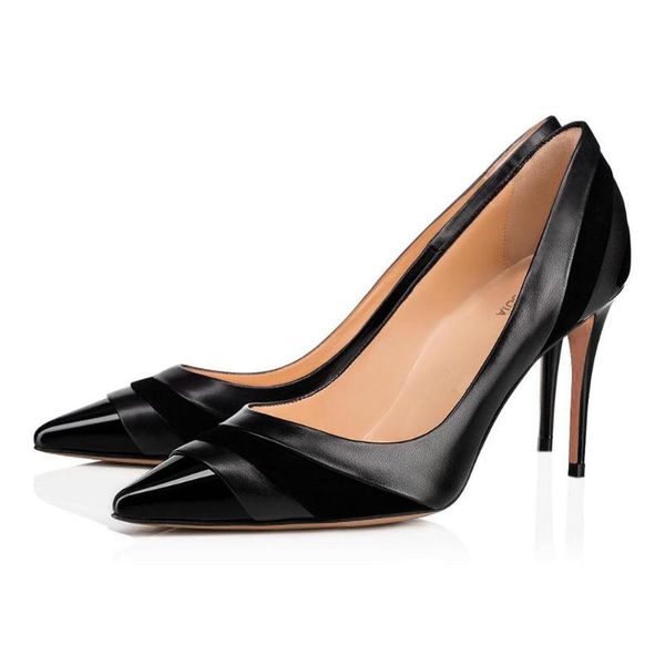 

2020 four seasons pointed black patent leather stitching pu single shoes women's commuter one pedal large size high heels