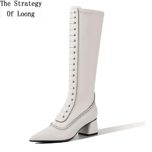 

spring autumn new slim fashion genuine leather women knee-high boots pointed toe cross-tied sewing ladies long botas 20200901, Black