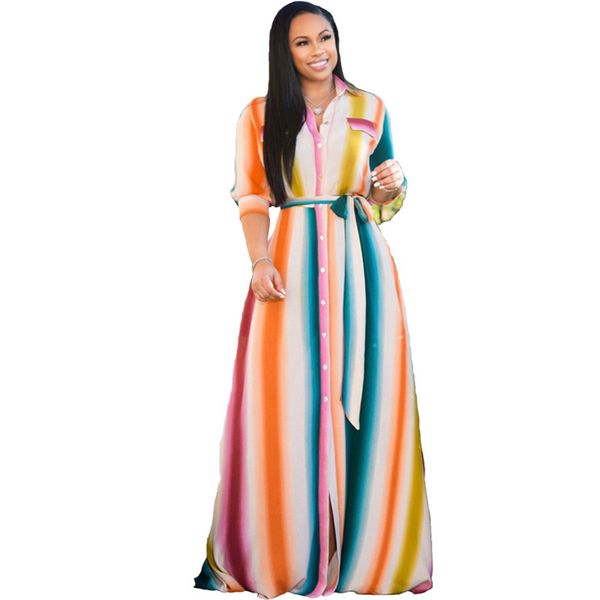 

plus size women dresses spring printed lapel neck long dresses single breasted loose maxi dresses with sashes