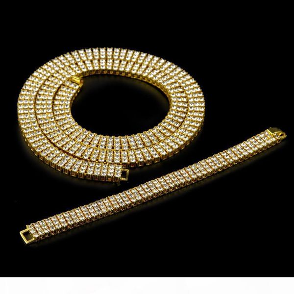 

высокое качество мужчины золото серебро hiphop iced out 30inches 3 ряд имитации алмазный bling bling цепи mens браслет ювелирные изделия, Silver