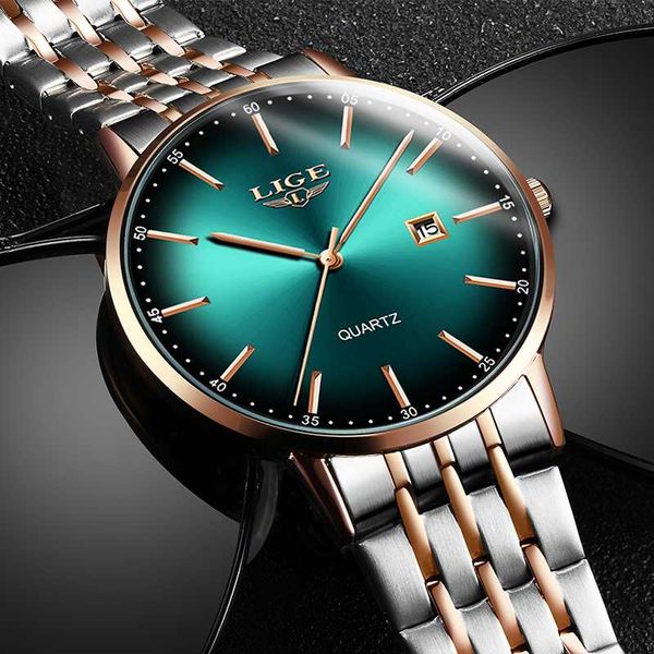 

lige 2020 sport watch men green dial fashion mens watches clock male all steel waterproof quartz watch, Slivery;brown