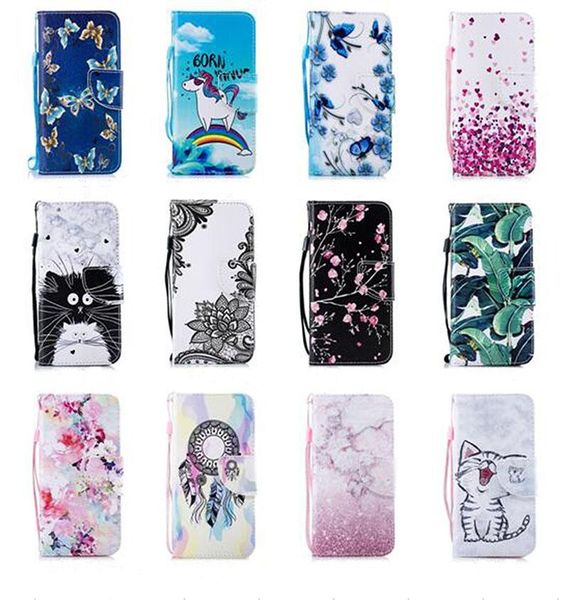 

cartoon flower cat butterfly marble wallet leather flip stand phone case for iphone 12 samsung note20 plus a31 a21s a01 a51 a71 5g