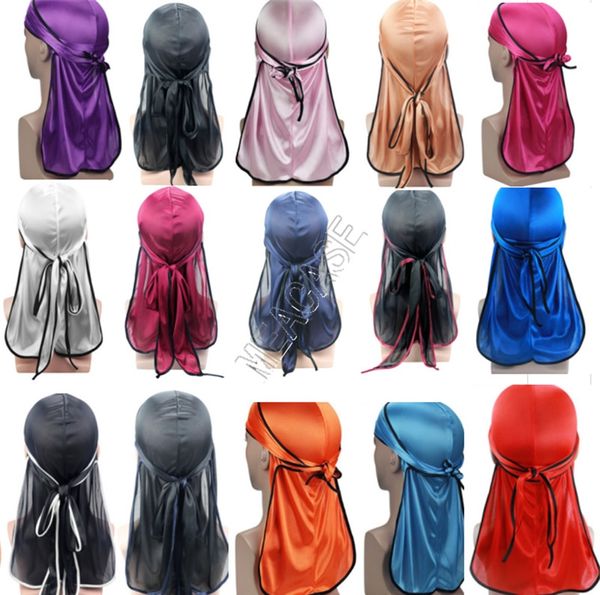 

designer silky durag long tail dorag premium silk wave waver caps headwrap bandana turban wigs headwear solid color pirate hat d82410, Black;white