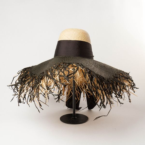 

new tassel bow ribbon straw cap double-layer color-matching hand-knitted sun hat woolen big brim raffia straw hat beach sun, Blue;gray