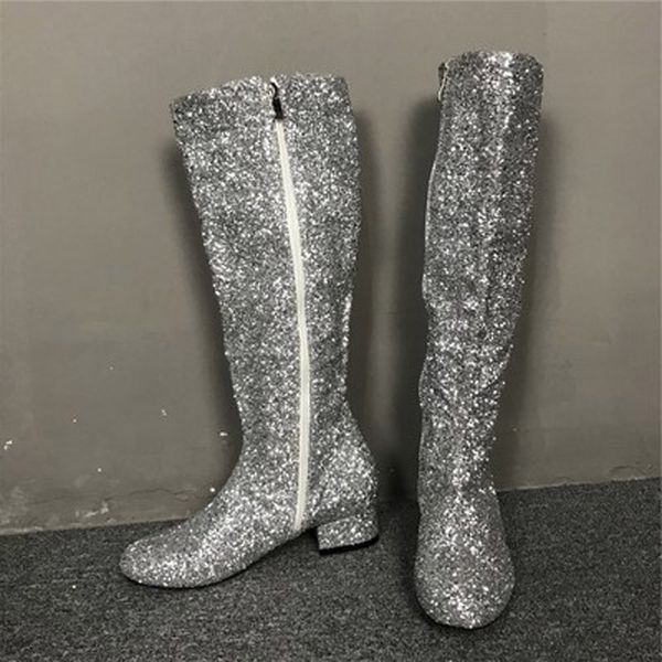 

themost women luxury glitter rhinestone embellished slouchy pull on knee high boots cone heel big size drop shipping, Black