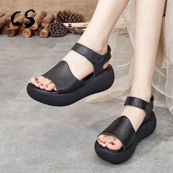 

cuculus summer women's shoes wedges sandals female open-toe genuine leather sandals women casual roman style ladies flat, Black