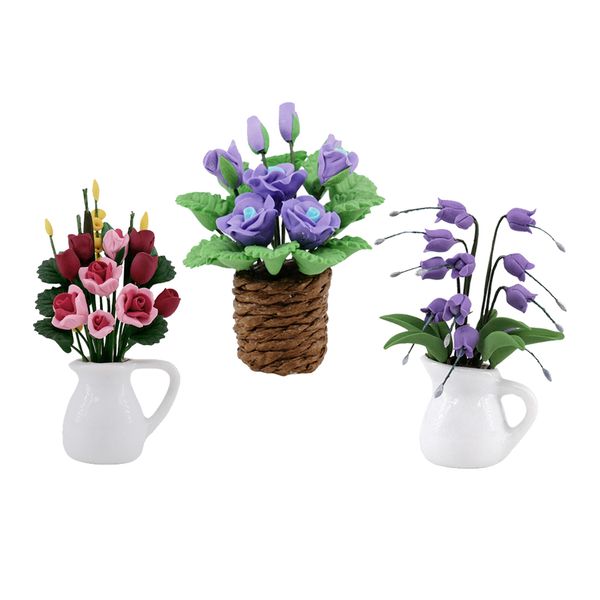 

3pcs 1:12 scale dollhouse miniature flower in vase garden decorative