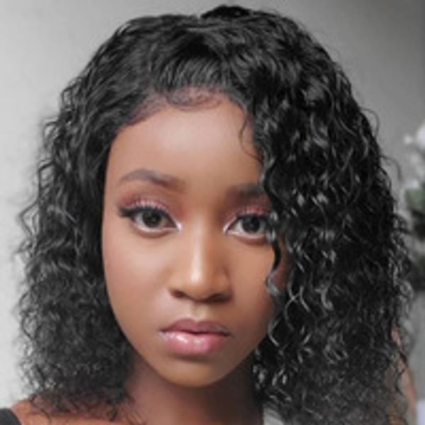 

brazilian deep wave human hair bob closure wig natural hairline remy hair short deep curly bob lace front wig with baby hair, Black