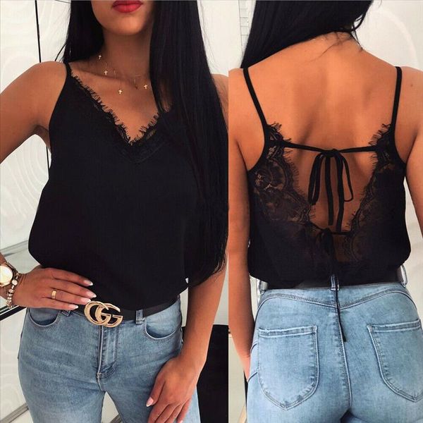 

summer women satin silk lace tank vest blouse female casual crop camisole lace solid backless vest, White