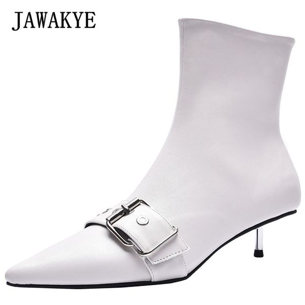 

metal thin high heels ankle boots for women pointed toe black white genuine leather buckle short boots autumn shoes woman