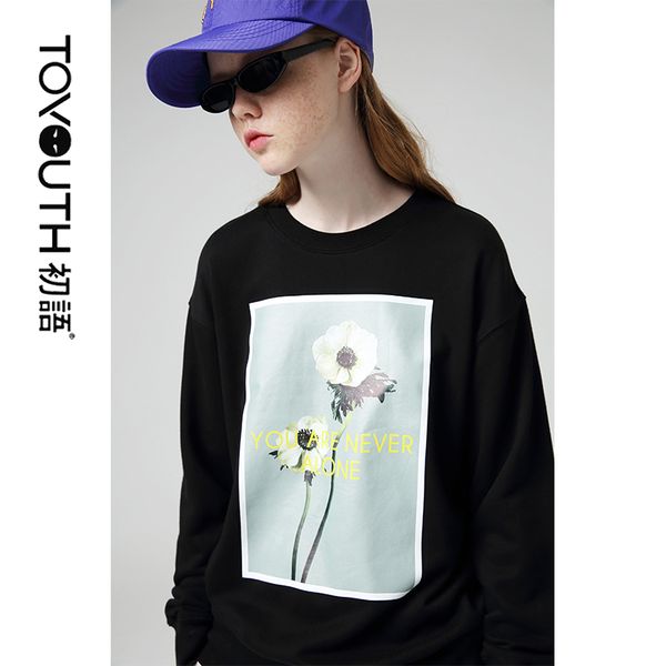 

toyouth casual printed flower long sleeve sweatshirts women round neck hoodies autumn loose tracksuits female, Black