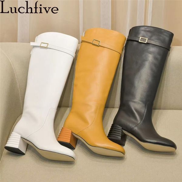 

boots woman knee high round toe chunky heel long belt buckle design winter real leather, Black