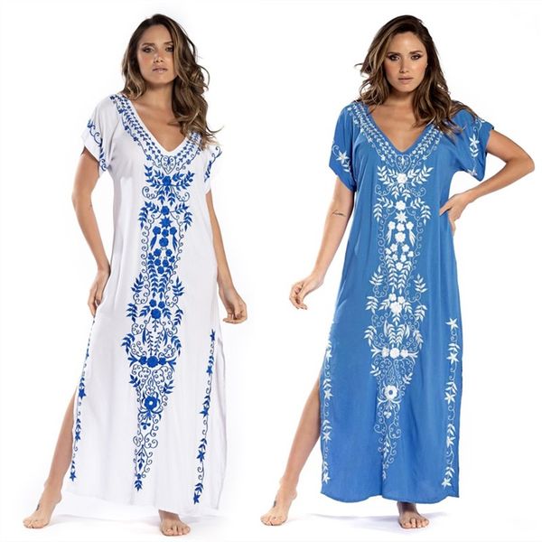

2020 indie folk embroidered short sleeve side split long summer beach dress cotton tunic women beachwear kaftan sarongs n790, Black;gray