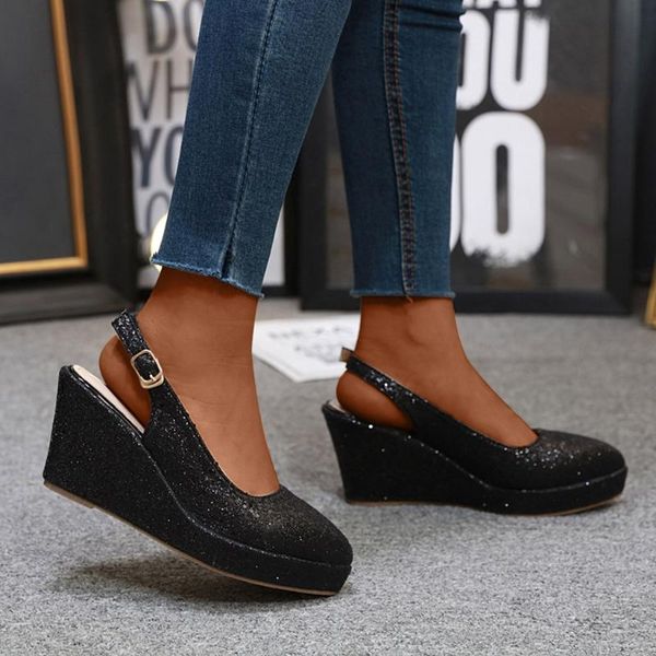 

2020 summer style sequin sandals wedges shoes for women pointed toe high heel femme platform sandals pumps plus size retro shoes, Black