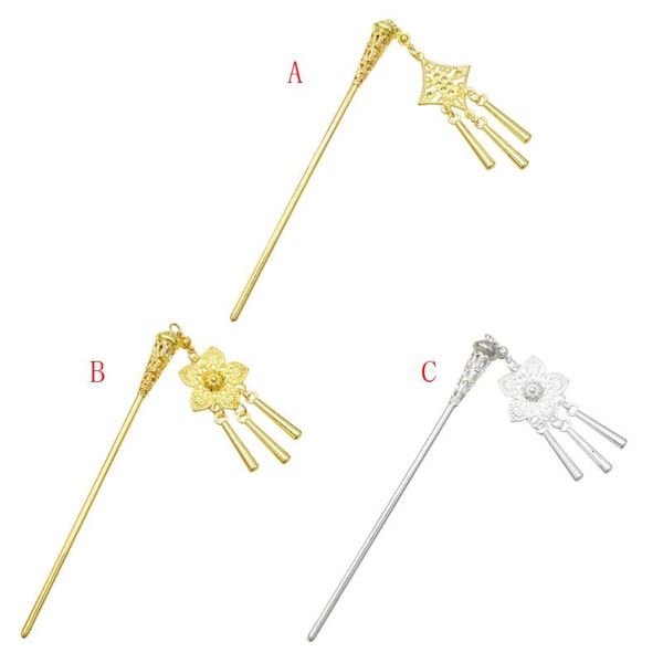 

new chinese ethnic ancient headdress hanfu gypsy tibetan golden tassel carved flower chopsticks hairpin jewelry accessories, Golden;silver