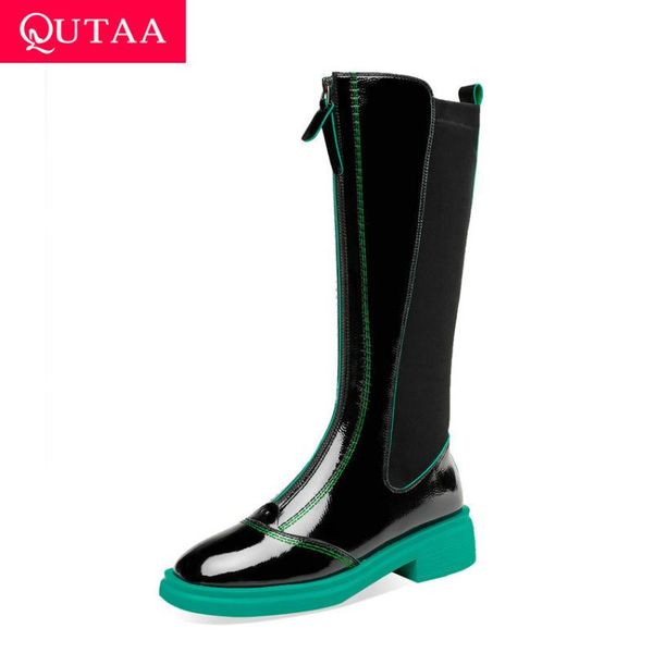 

qutaa 2021 круглый toe zipper boots теленок середина лакированной кожи pu мода женщин обувь площади средний каблук мотоциклов сапоги размер, Black