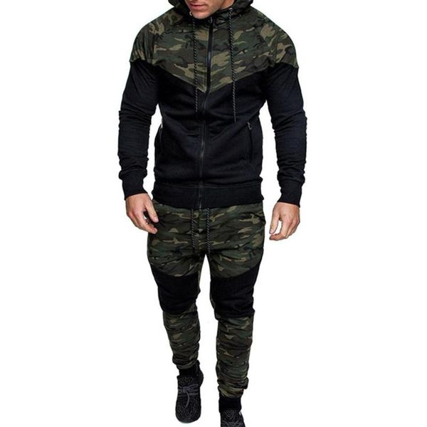 

chic men camouflage print casual sport zipper hooded coat pants suit tracksuit 2 piece set hoodie pants casual male sportswear, Gray