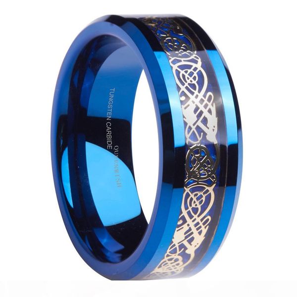 

queenwish engagement rings 8mm blue tungsten ring gold celtic dragon blue carbon fibre inlay wedding anniversary rings for couples jewelry, Golden;silver
