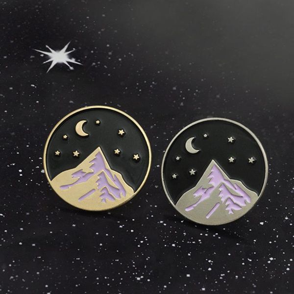 

moon stars mountain range brooch corsage pin zinc alloy round breastpin badge jewelry accessories hiking, Gray