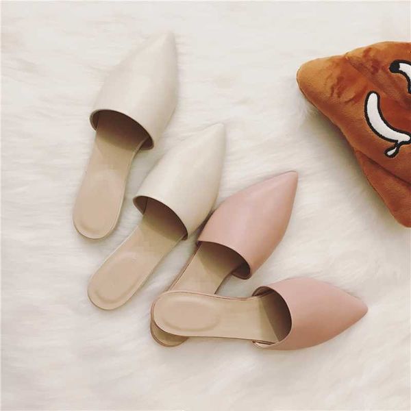 

2020 new women's flats leather pointed toe muller shoes flat shoes half slippers flat bottom cool slippers for women, Black