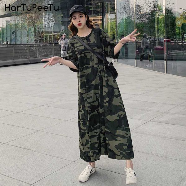 

loose casual t shirt maxi dress women summer 2020 plus size camouflage dresses with side pockets for home long cotton tees, Black;gray