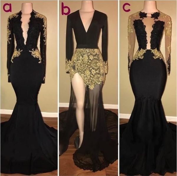 

gold black long sleeve lace prom party dresses jewel mermaid long sleeves sash satin prom dress formal women evening gowns