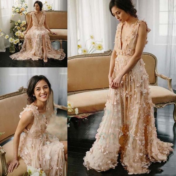 

romantic bohemian floral wedding dresses a line 2020 modest full length handmade flowers applique garden beach boho bridal gowns side slit, White