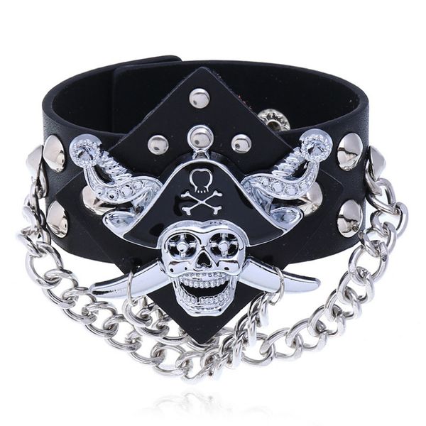 

charm bracelets punk gothic men black wide leather bracelet cuff metal skull pirate chain bangle wristbands for rock women biker fashion jew, Golden;silver