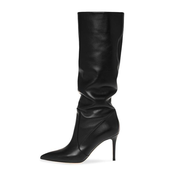 

stunning2020 pu pointed black thin high-heeled middle boots women's large size winter fashion style