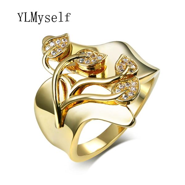 

romantic leafs design jewelry unique finger ring clear crystal zirconia anillos trendy birthday gift fashion rings for women, Golden;silver