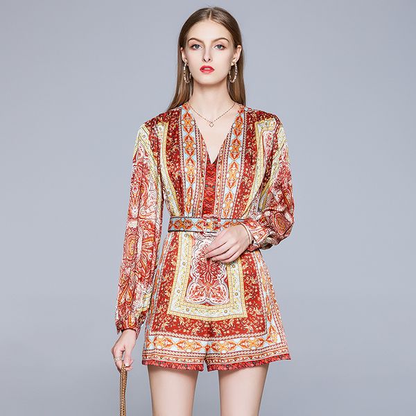 

women's jumpsuits & rompers jsxdhk runway summer holiday beach shorts jumpsuit vintage women floral print lantern sleeve pocket belt ro, Black;white