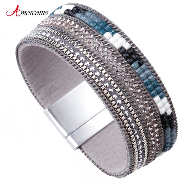 

amorcome wide leather bracelet for women blue rhinestone crystal bohemian wrap bracelet female bracelets & bangles femme jewelry, Golden;silver