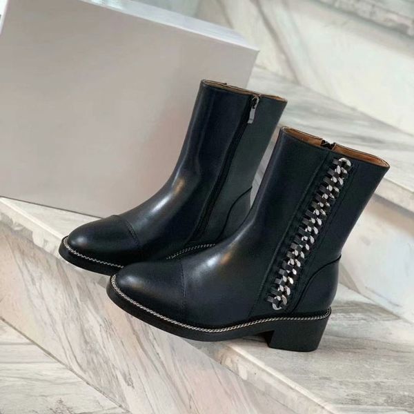 

black leather short boots for ladies autumn winter shoes woman metal chain design chaussures femme mid heel side zipper boots