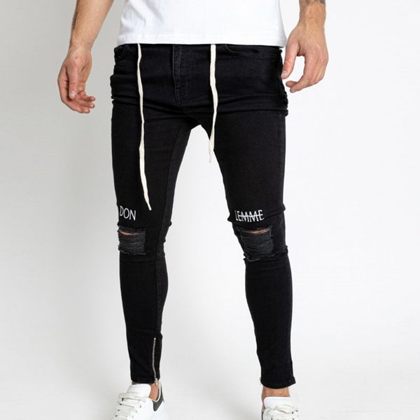 

embroidery stretchy denim pants hole ripped distressed jeans men straight leg jeans drawstring denim trouser hip hop streetwear, Blue