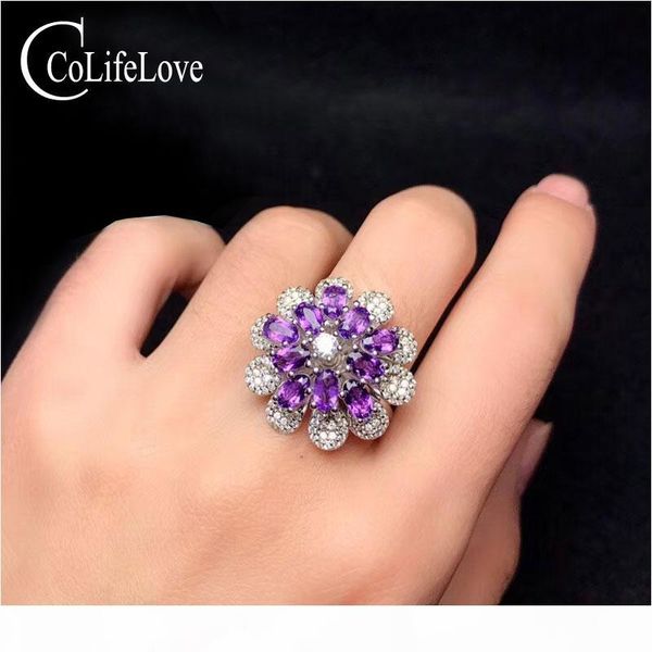 

colife jewelry 925 silver flower ring with amethyst 15 pieces natural amethyst silver ring fashion jewelry, Golden;silver