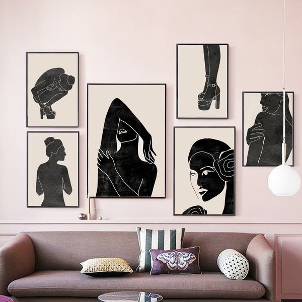 

black shadow flower girl wall art canvas painting abstract nordic posters and prints wall pictures for living room salon decor