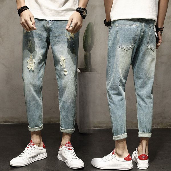 

men's summer ripped nine-point jeans loose slim-fit beggar harem pants nine-point casual pants, Blue