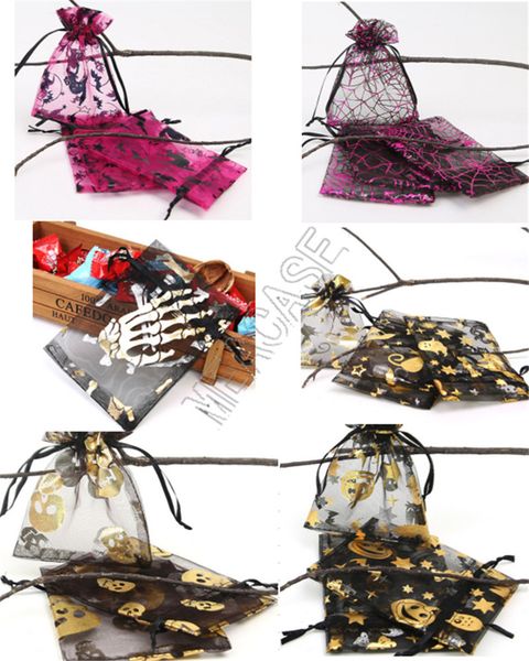 

100pcs/pack organza bag 9*12cm halloween candy bags mesh packing gold color pumpkin skull bat spider web print bouquet gift-wrap 2020 d81804