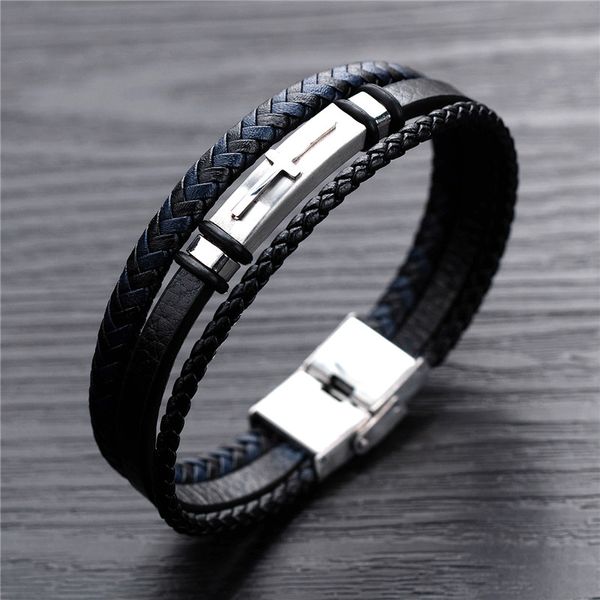 

modyle fashion cross bracelet black leather bracelet braided rope multi layer stainless steel bangle for men punk jewelry