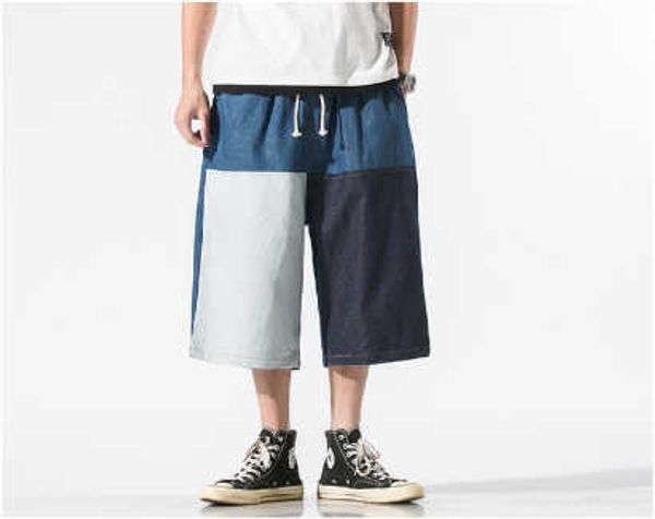 

2020 summer new fashion stitching men's casual cropped pants retro plus size fashion elastic jeans for men, Blue