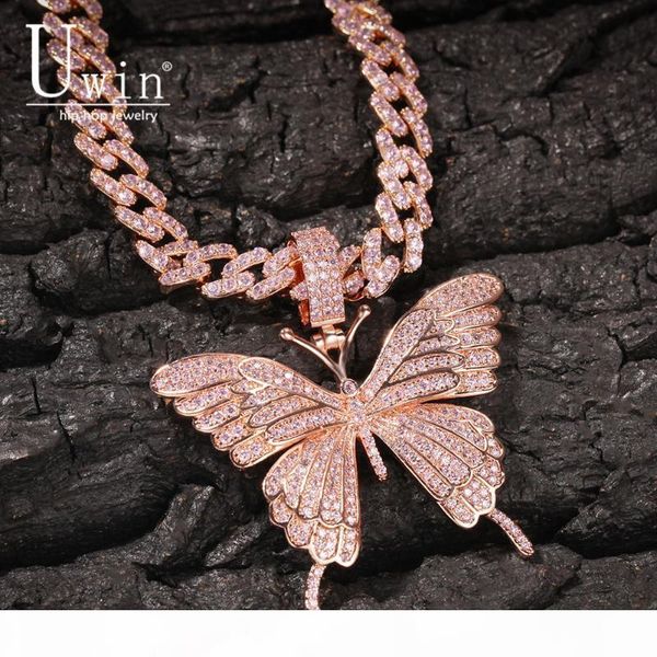 

uwin iconic butterfly pendant 9mm rose gold cuban chain cubic charm pink tennis chain necklace men women hip hop jewelry gift, Silver