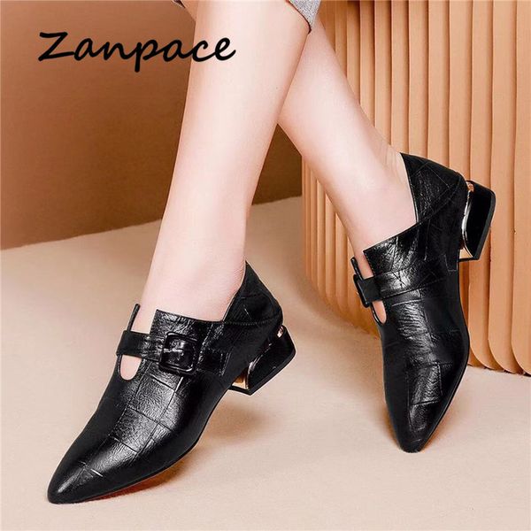

zanpace leather women's boots spring pointed toe shoes woman thickened high heels ankle boots buckle strap dual-purpose boots, Black