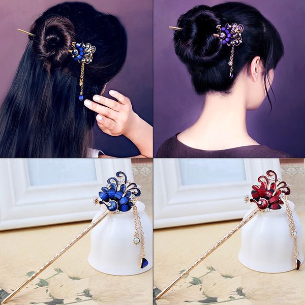

vintage crystal rhinestone peacock hair stick shiny flower hairpin metal tassel headwear accessory women tassel hair jewelry, Golden;silver