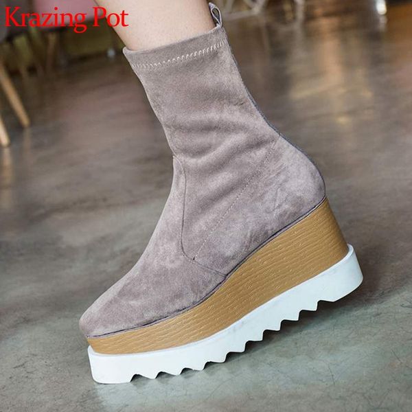 

krazing pot european style flock platform winter shoes square toe high heels slip on women modern stretch mid-calf boots l81, Black
