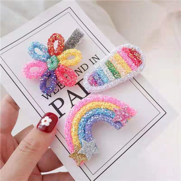 

thumblina rainbow flower clips sparkly glitter bows for women girls hairpin children kids barrettes hair accessories, Slivery;white