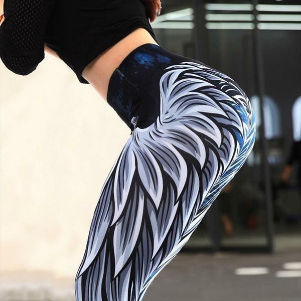 

2020 leggings womens angel wings printed high waist elastic slim workout pants casual plus size fintess legging jogging trousers, Black